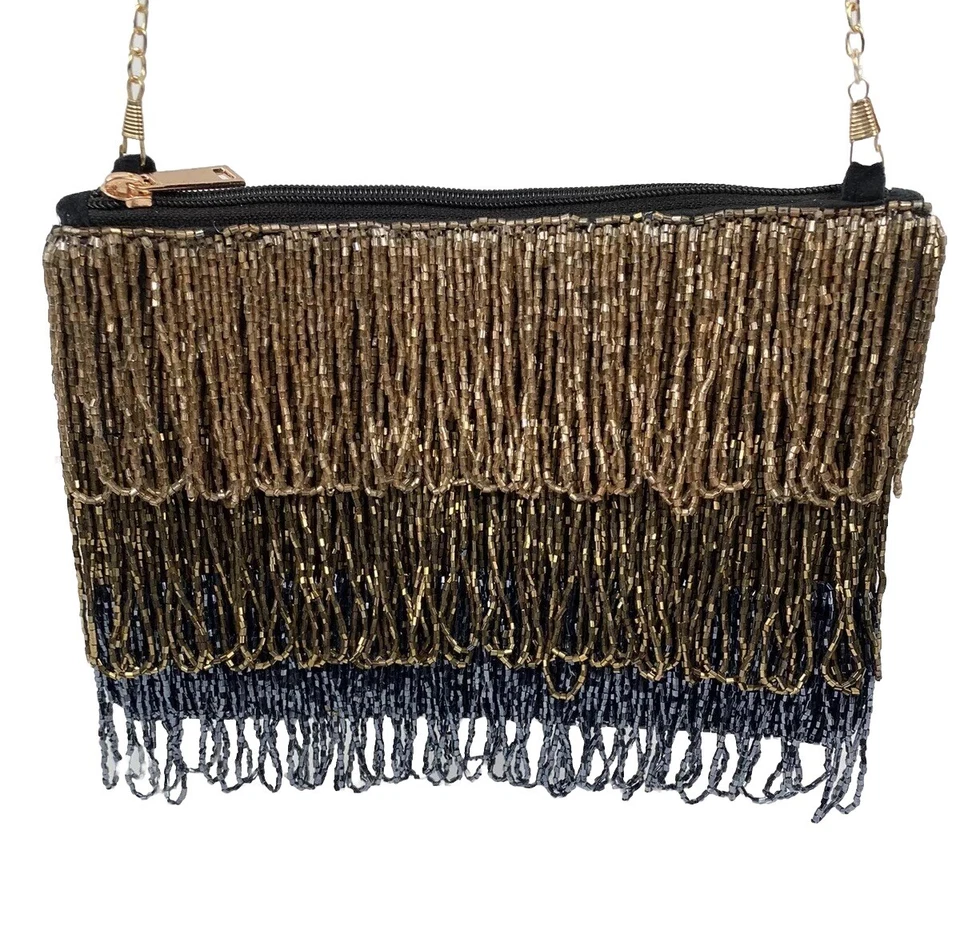 Bolso de Hombro Lulu NYC Hecho a Mano con Flecos y Cremallera Cierre Terciopelo Negro Foto 4 de 4