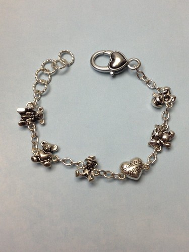 TEDDY BEAR mixed CHARM SILVER BRACELET w/ HEART LOBSTER LOCK new n bag cute gift