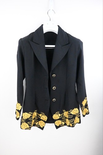 Vintage lightweight jacket in black with gold floral embroidery & buttons size M - Picture 8 of 9