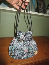 Vintage draw string purse beaded floral Japan 1950s 60s Small evening bag vtg