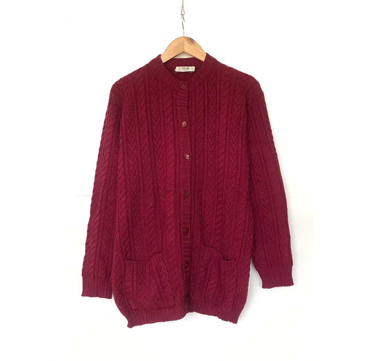 Celine Paris Vintage Wool Cable Knit Long Cardigan Sweater Celine Paris Vintage Wool Cable Knit Long Cardigan Sweater