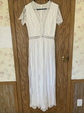 Women's Small Boho Maxi White Lined Lace V-Neck Dress Sleeves Wedding Engagement