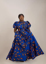 Rosy African African Long Maxi Dress for Women – Blue Ankara Gown with Puff Slee