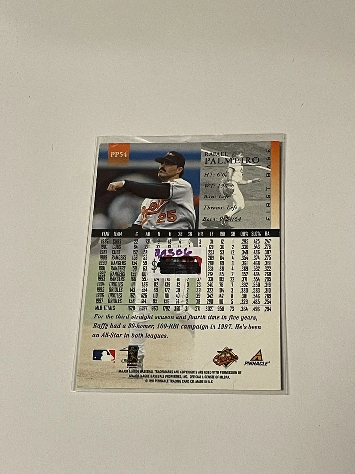 1998 Pinnacle Artist Proof #PP54 Rafael Palmeiro CREASED **028306 - Image 2 of 2