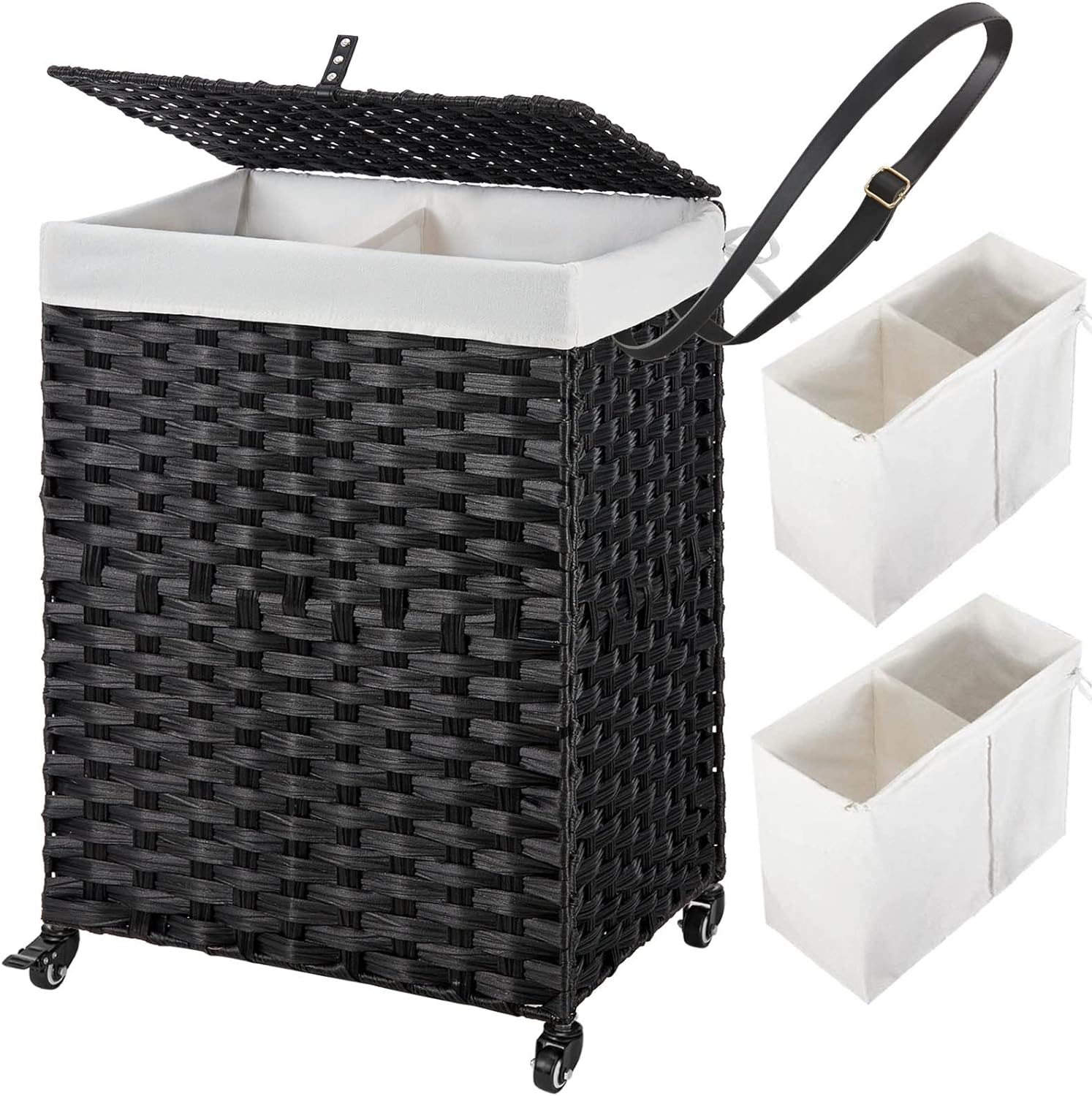 Laundry Hamper with Wheels No Install 90L Handwoven Divided 2 Bags-image
