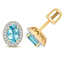 9ct Yellow Gold Real Diamond and Blue Topaz Oval Shaped Stud Earrings (258BT)