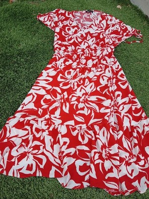 Fred David Hawaiian Dress Midi Women's 2X Red White Flowers Rayon
