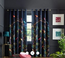 Image of Sara Miller Enchanted Gate Pair Lined Eyelet Curtains Navy W168cm x Drop 229cm