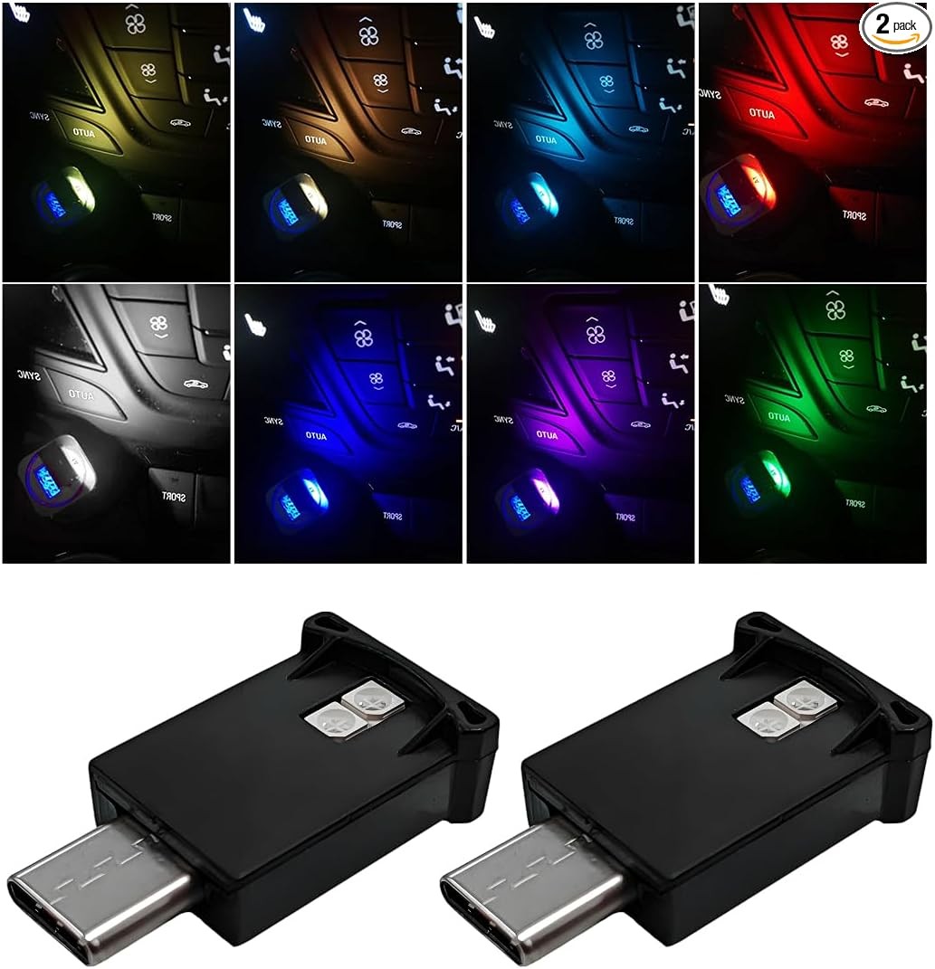 2 PCS Mini USB LED Light, 8 Colors RGB Dynamic Type C Car Ambient Light with Adj