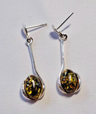 Silber 925 Ohrringe Ohrstecker schlicht elegant grüner Bernstein