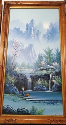 Set of 2 Vintage Chinese Export Mountain Oil Paintings Palette Knife 18x34
