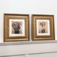 2 Vintage Style Ornate Gold Framed Rose Floral Art Print Pink Red Green 11 X 12