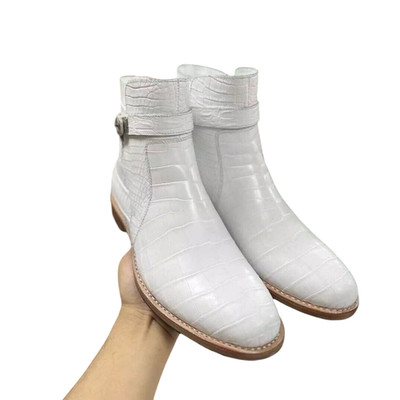 Men's Handmade Leather White Croc Pattern Buckle Ankle Formal Boots For Men