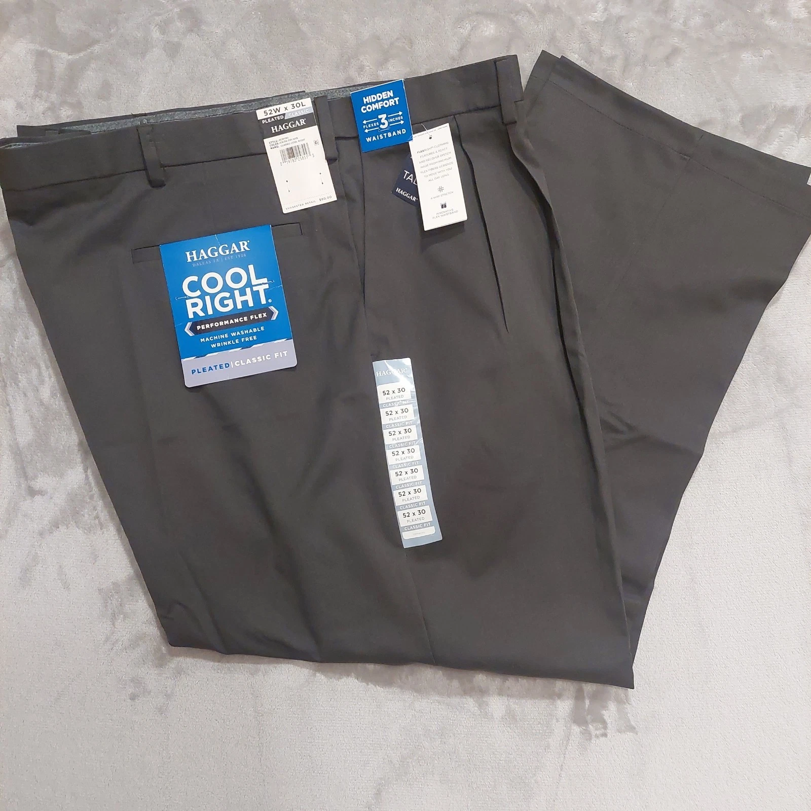 HAGGAR Dress Pants 52x30 Cool Right Golf Pleated Hidden Flex Expandable DK Gray