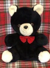 Vtg Wego Black White Plush Teddy Bear Stuffed Animal W/ Red Bow Tie 12