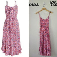 J. Crew Ruffle Floral Print Curved Hem Red Blue Midi Dress Size 4