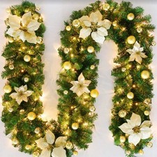 9ft Christmas Garland with Lights Up Stairs Outdoor Fireplace Xmas Bushy Fence
