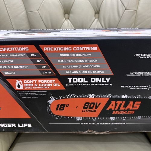 NEW ATLAS 80V BRUSHLESS CORDLESS 18 IN. CHAINSAW ELECTRIC START TOOL ONLY - Bild 3 von 4