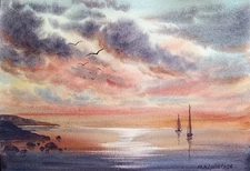 Original Artwork Modern Painting Landscape BIRDS SKY BOAT Seascape Arts Gift A4
