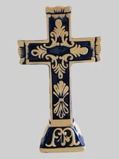 Talavera style Standing Cross Cobalt Blue and White Detail Ceramic Hand Painted