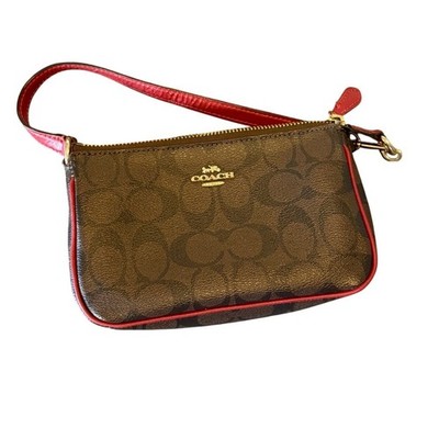 Coach Nolita 15 Signature Canvas Wristlet Pouch Brown Red Monogram Bag