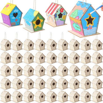 100 Pcs 4. 33'' DIY Wooden Birdhouses Craft for Kids Unfinished Wooden Birdhouse