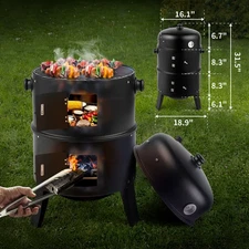 3-in-1 Vertical Charcoal Smoker Portable BBQ Smoker Grill w/ Detachable 2 Layer