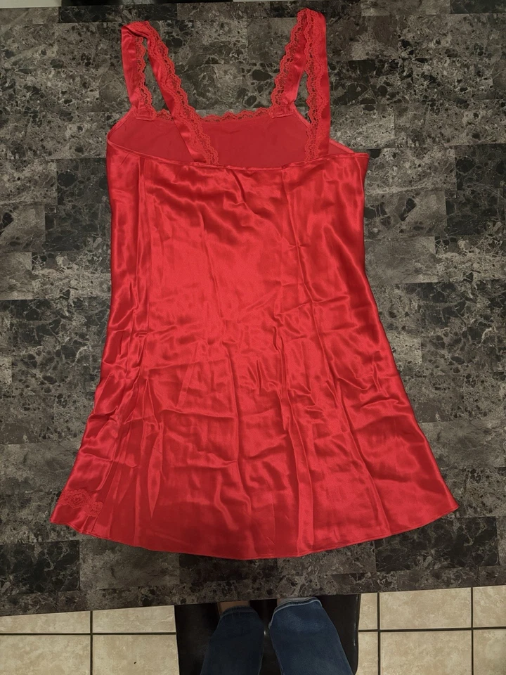 Camisón de peluche de lujo vintage OLGA 100 % seda encaje rojo M salón Foto 3 de 4