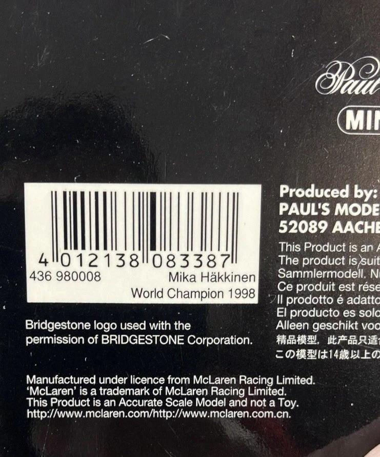 Minichamps 1/43 McLaren MP4/13 1998 World Champion Mika Hakkinen 436980008 - Bild 4 von 4