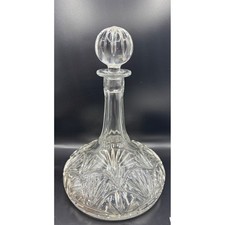 Vintage Glass Ships Decanter with Faceted Ball Stopper 11 Inch Clear Glass