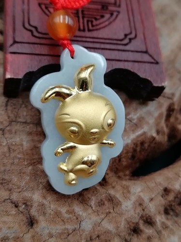 Certified Natural Jadeite Jade 24K Gold Inlaid Lovely Rabbit pendant Necklace金玉兔 - Picture 2 of 6