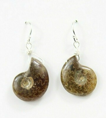 Ammonite Fossil Earrings Snail Gemstone 925 Sterling Silver Wire Wrap 1 1/2''