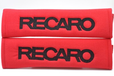 2 pcs (1 PAIR) Recaro Embroidery Seat Belt Cover Shoulder Pads (Black on Red)