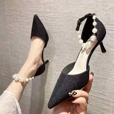 Decolte scarpe donna cm nero perle eleganti cinturino pelle