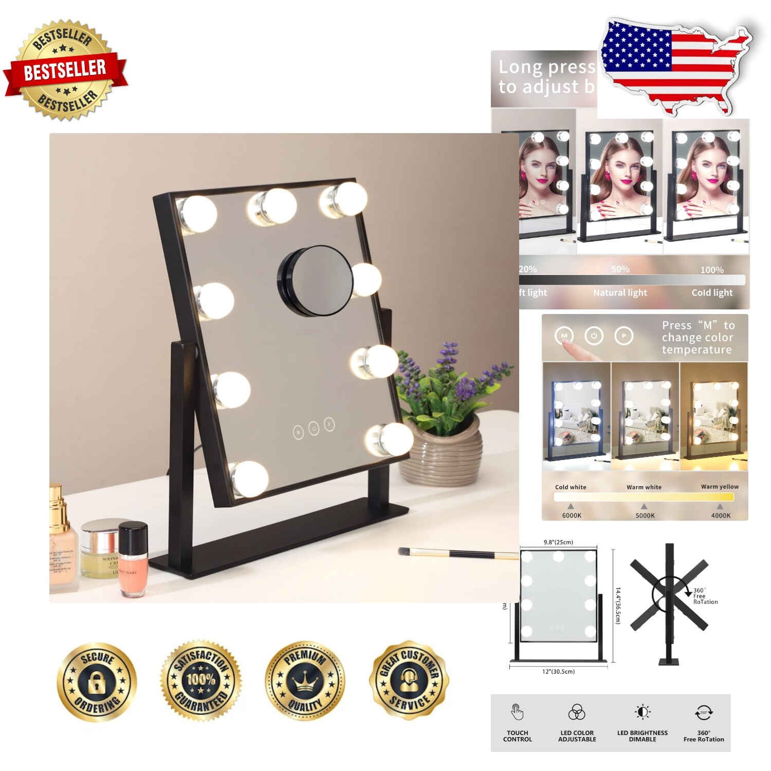 Makeup Mirror with Lights: 9 LED Bulbs, 10X Magnification & Smart Memory Feature-image