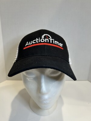 Mens Auction Time Trucker Hat Cap Black Red White Mesh Snapback NEW READ