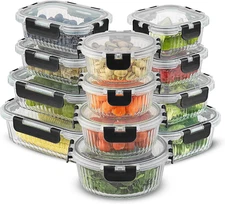 Joyjolt 24Pc Fluted Glass Storage Containers with Lids. 12 Airtight, Freezer Saf