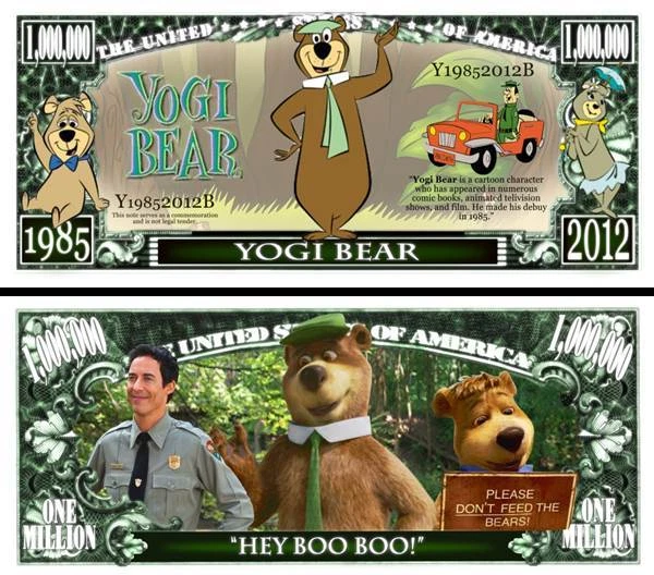 Yogi Bear Million Dollar Bill Play Funny Money Novelty Note + FREE SLEEVE