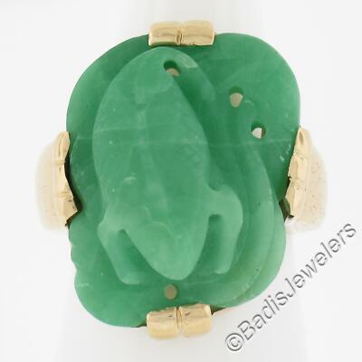 Vintage massiver 14k Gelbgold geschnitzte Jade Eidechse/Salamander Cocktail Ring