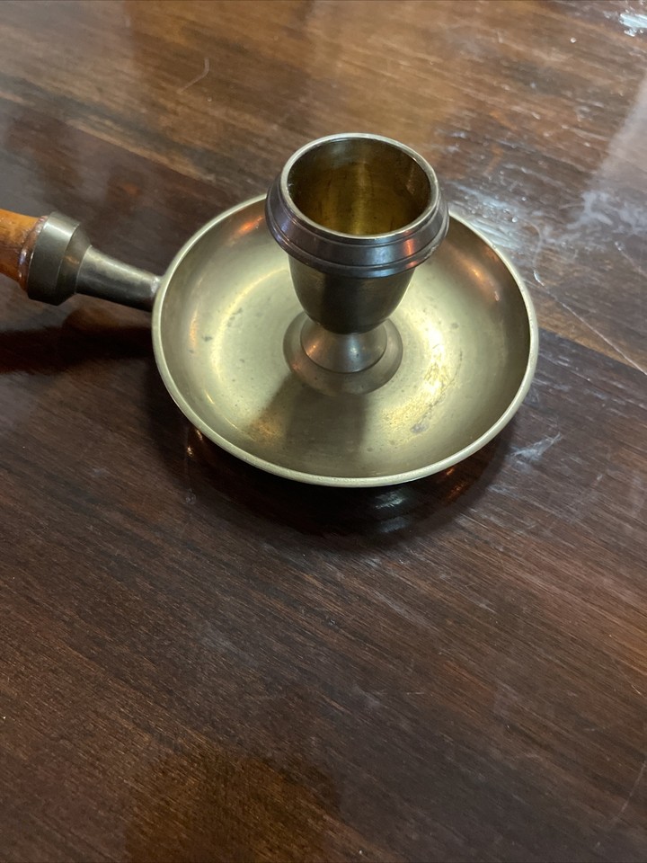Vintage CHAMBERSTICK Antique Style Wood Handle Brass Candle Holder