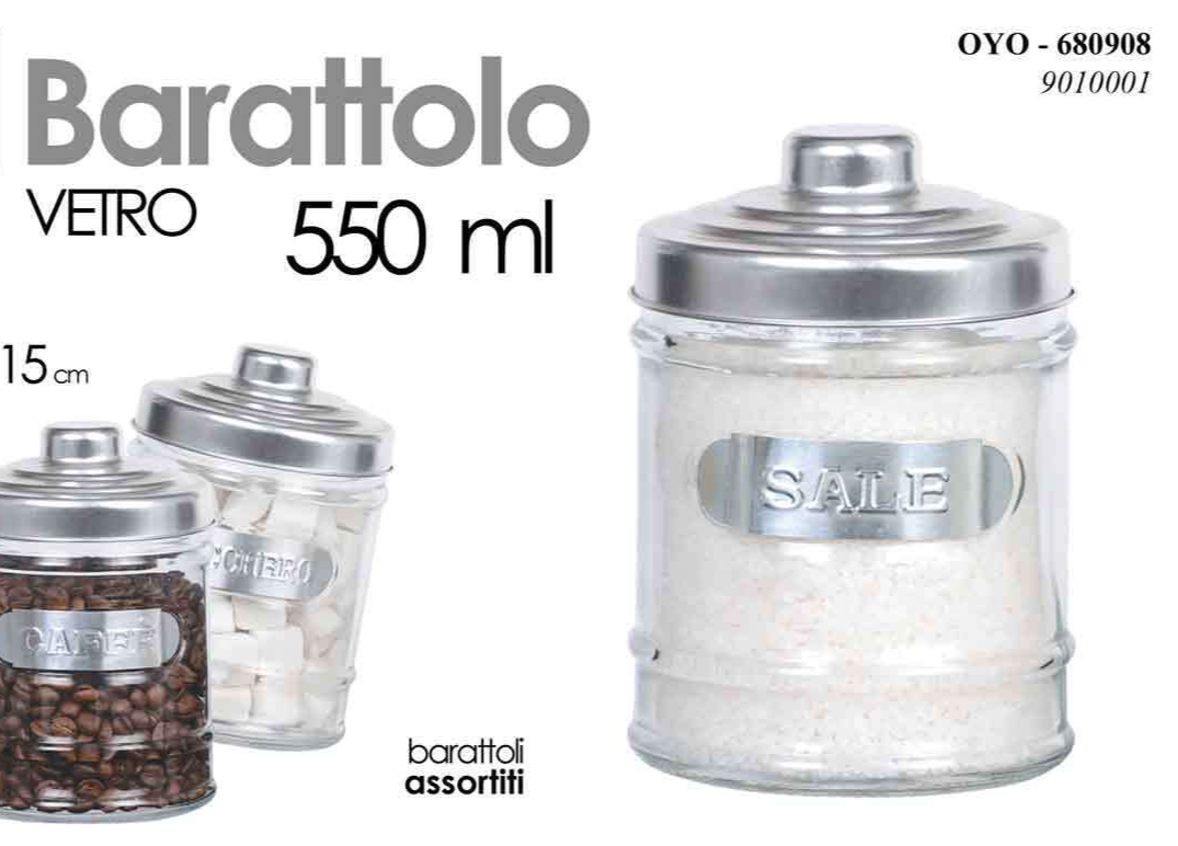 Tris 3 Barattoli Sale Zucchero Caffè Contenitori Vetro Barattolo 550 ML 15 cm