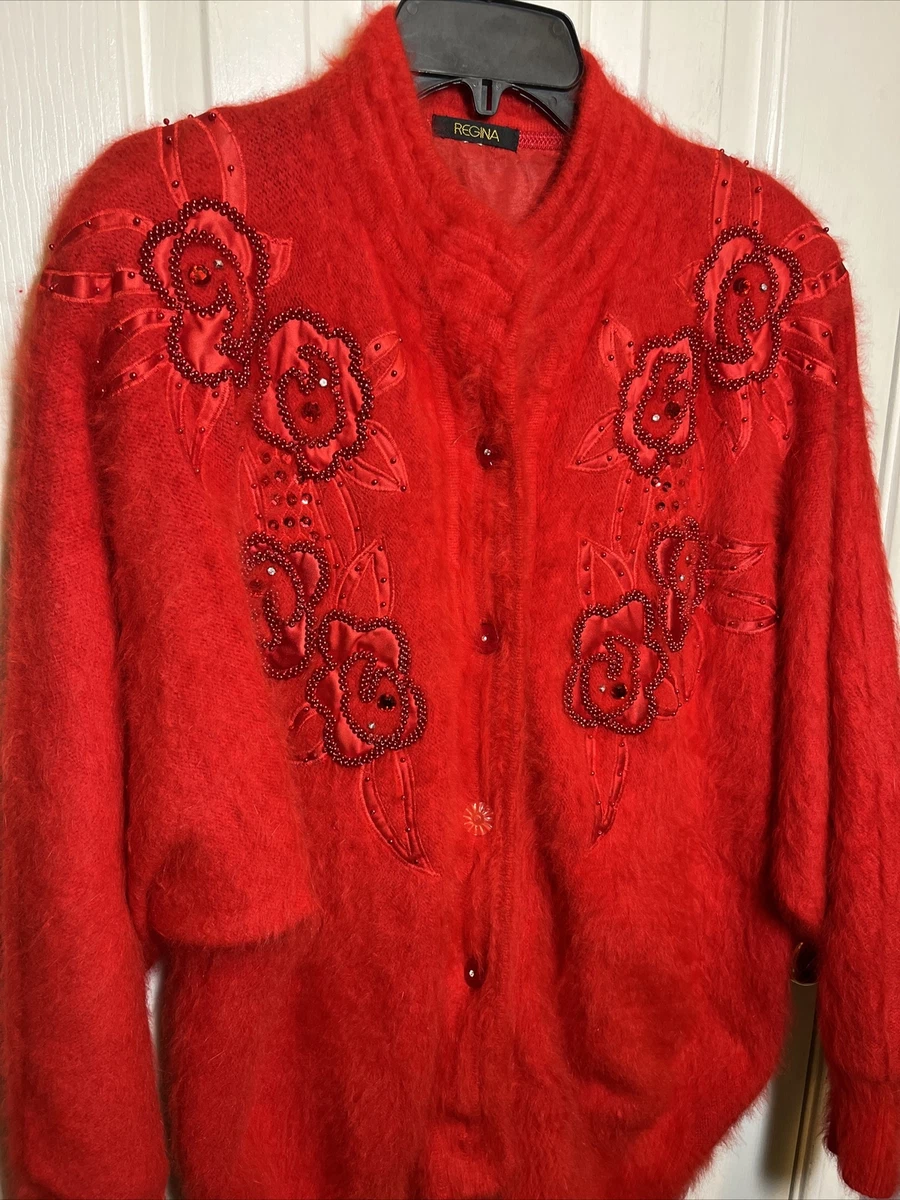 Regina Mohair Shaggy Beaded Red Cardigan Jacket Sweater Womens