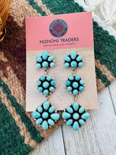 Handcrafted Old Pawn Kingman Turquoise And Sterling Silver Cluster Dangle Earri