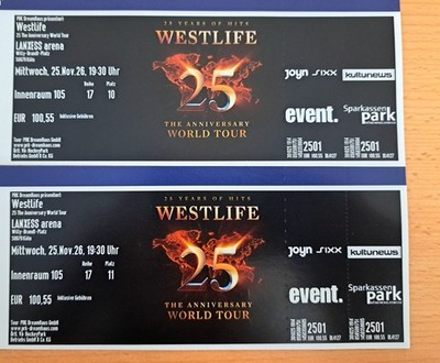 Westlife 25 Anniversary World Tour Köln, 2 Tickets, Top-Plätze