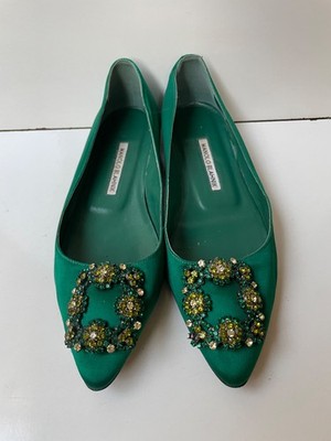 Manolo Blahnik Hangisi Jeweled Green Satin Women's Flats EUR 38 / USA 8