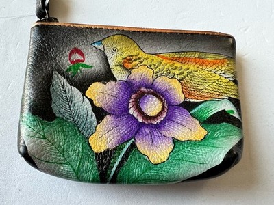 Anuschka Hand Painted Leather Coin Purse Purple Flower Yellow Bird Boho Art
