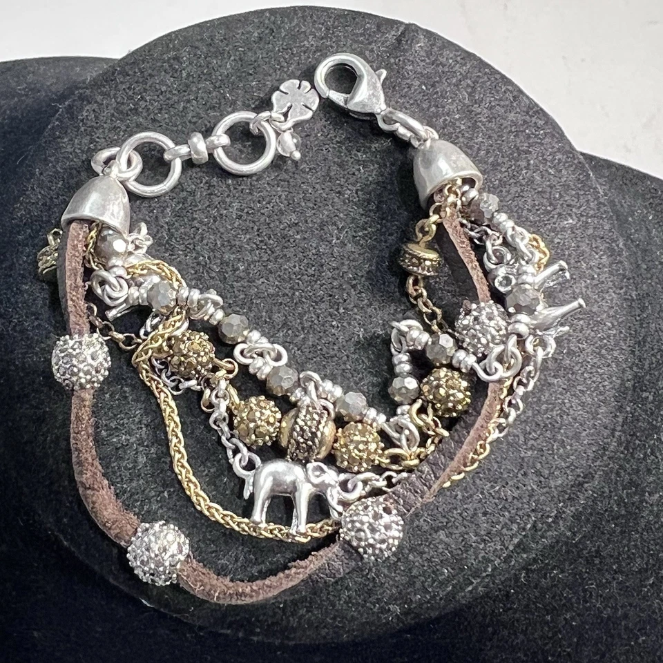 Lucky Brand Silver Tone Bead Brown Leather Multi Row Elephant Bracelet - Imagem 2 de 3