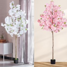 6FT Pink/White Cherry Blossom Artificial Tree, Fake Tree w/Plastic Nursery Pot
