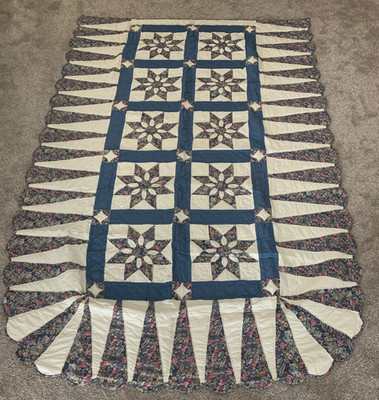 Vintage Quilt Star Blue White Floral Bedspread Throw Blanket 106 x 69''