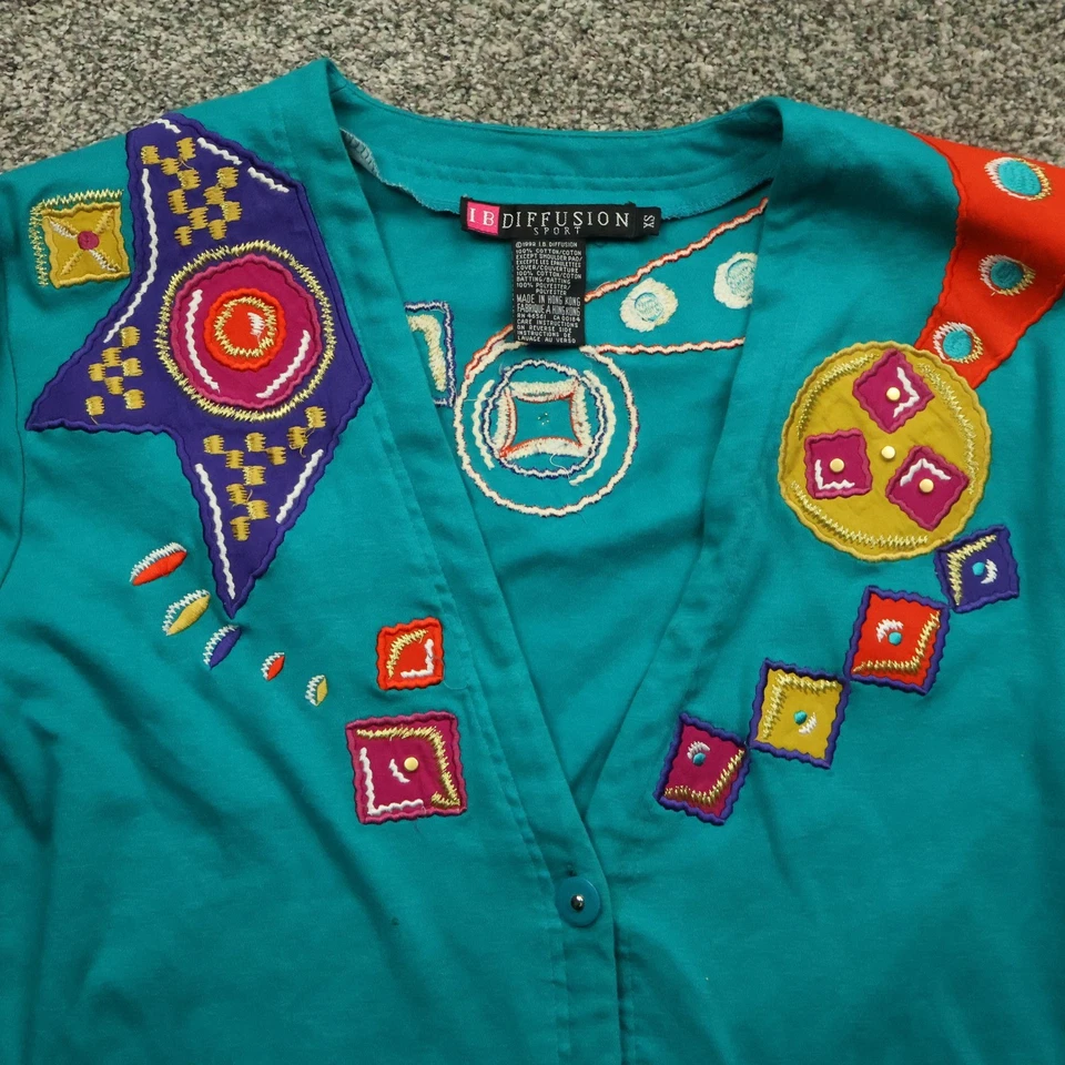 Cárdigan IB Diffusion Para Hombres XL Verde azulado Vintage Años 90 Bordado Tejido Suéter Retro Foto 2 de 4